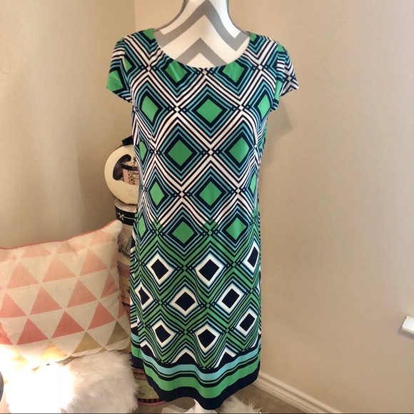 Jessica Howard Green & Navy Diamond Geometric Pattern Short Sleeve Shift Dress M - Picture 1 of 9